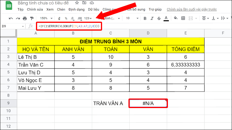 Hình minh họa lỗi #N/A trong Google Sheet